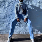 Lyseblå slim - fit pullover - jakke med standkrave og plysdetaljer - StilNord