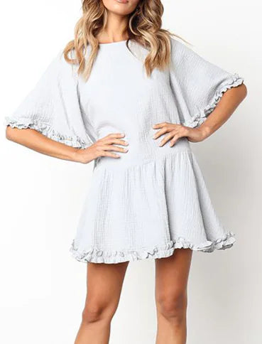 LIVA2018 Women's White Round Neck Flare Dress