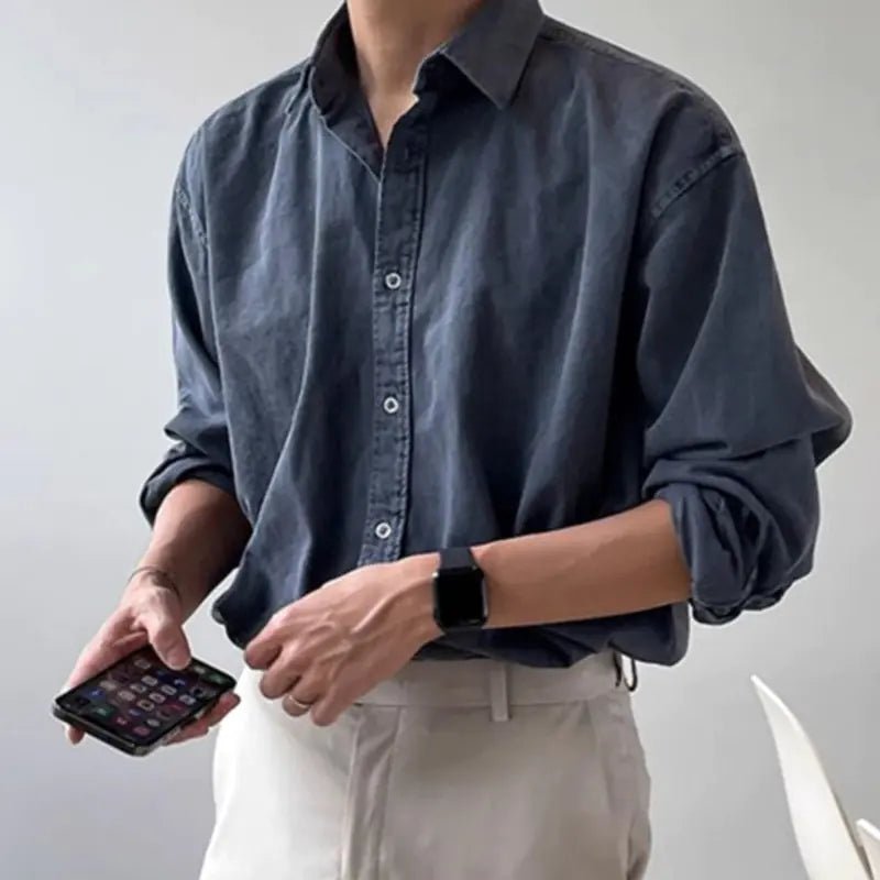 Men's Casual Washed Shirt, Korean Style, Long Sleeve - StilNord