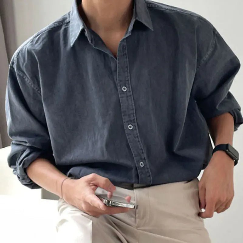 Men's Casual Washed Shirt, Korean Style, Long Sleeve - StilNord