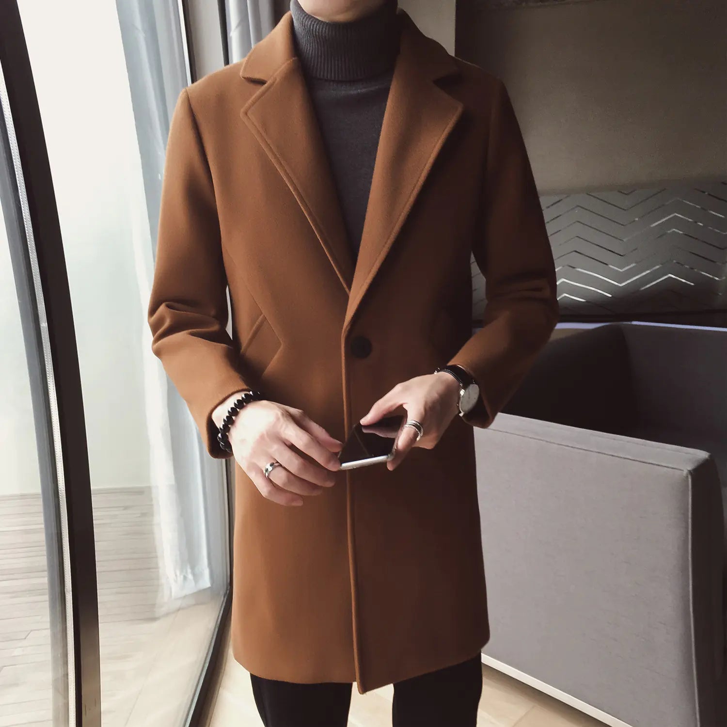 Mid - Length Woolen Coat for Men - StilNord