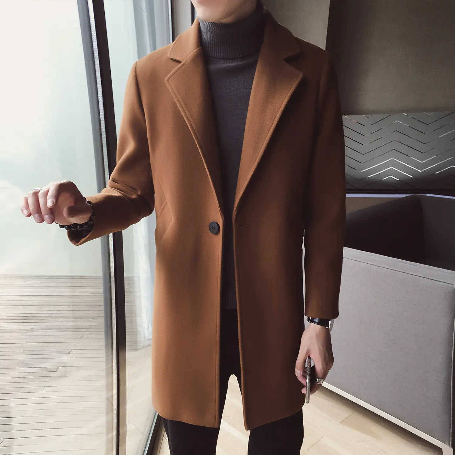 Mid - Length Woolen Coat for Men - StilNord