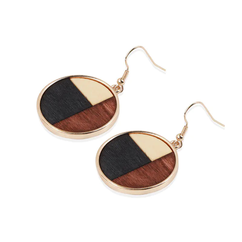 Geometric Round Wooden Color Block Earrings for Women