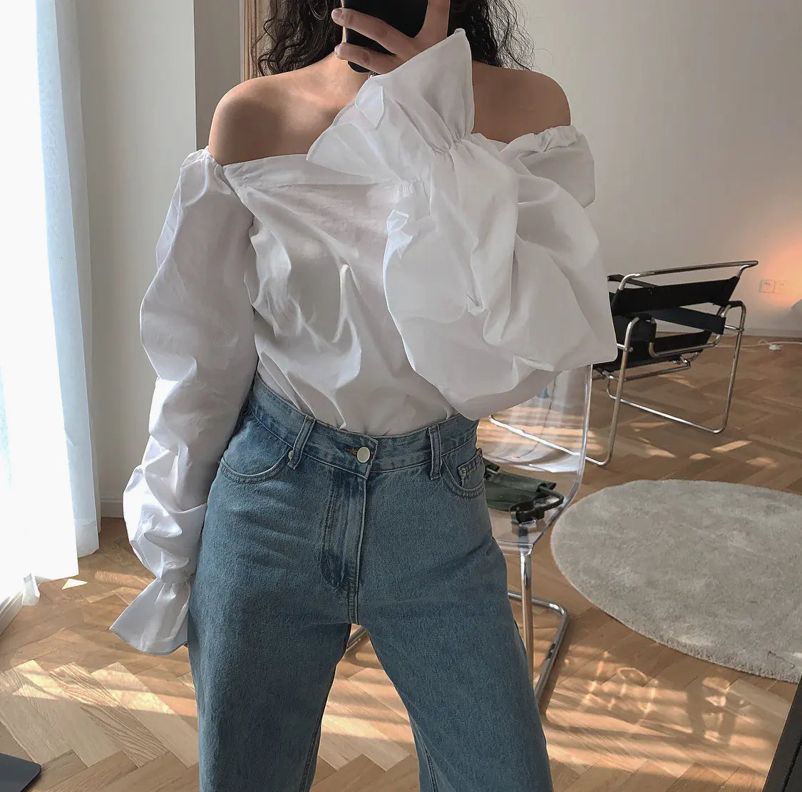 Retro French Puff Sleeve Off-Shoulder Blouse Shirt