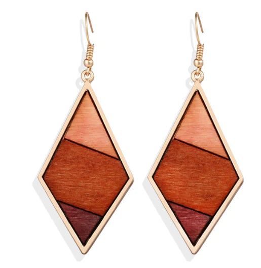 Geometric Round Wooden Color Block Earrings for Women
