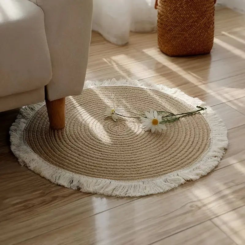 Round Cotton Mat with Braided Tassels for Home Decor - StilNord