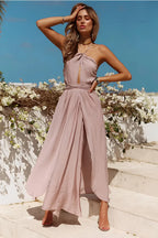 Rygfri Halter Hals Maxi Kjole med Slids