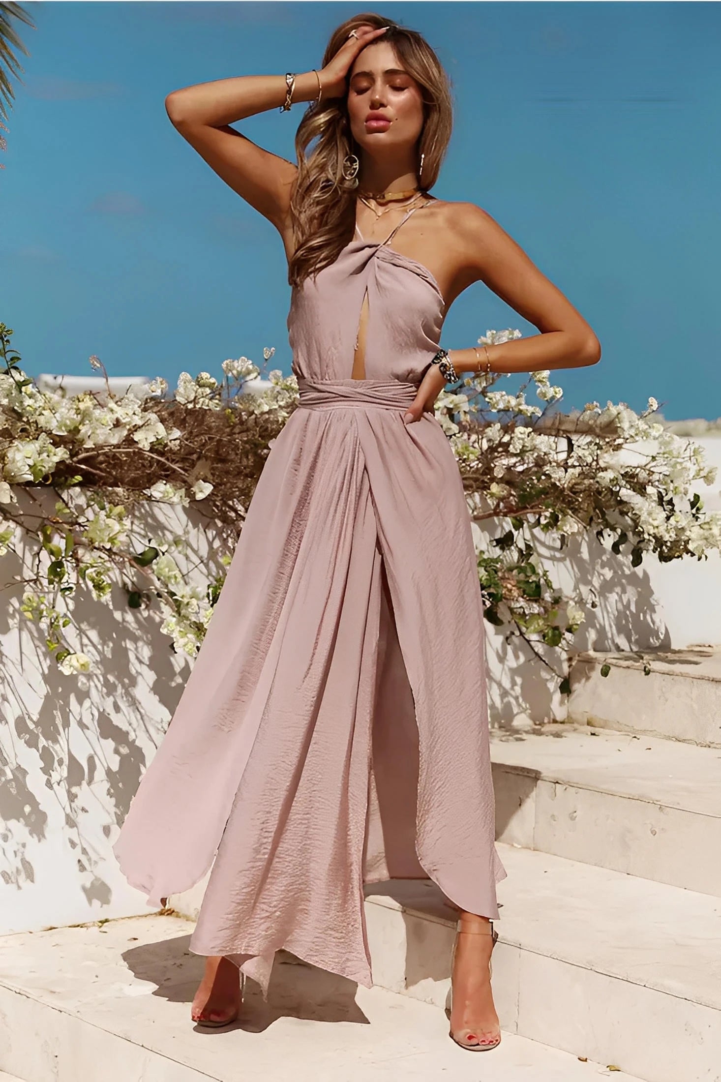 Rygfri Halter Hals Maxi Kjole med Slids