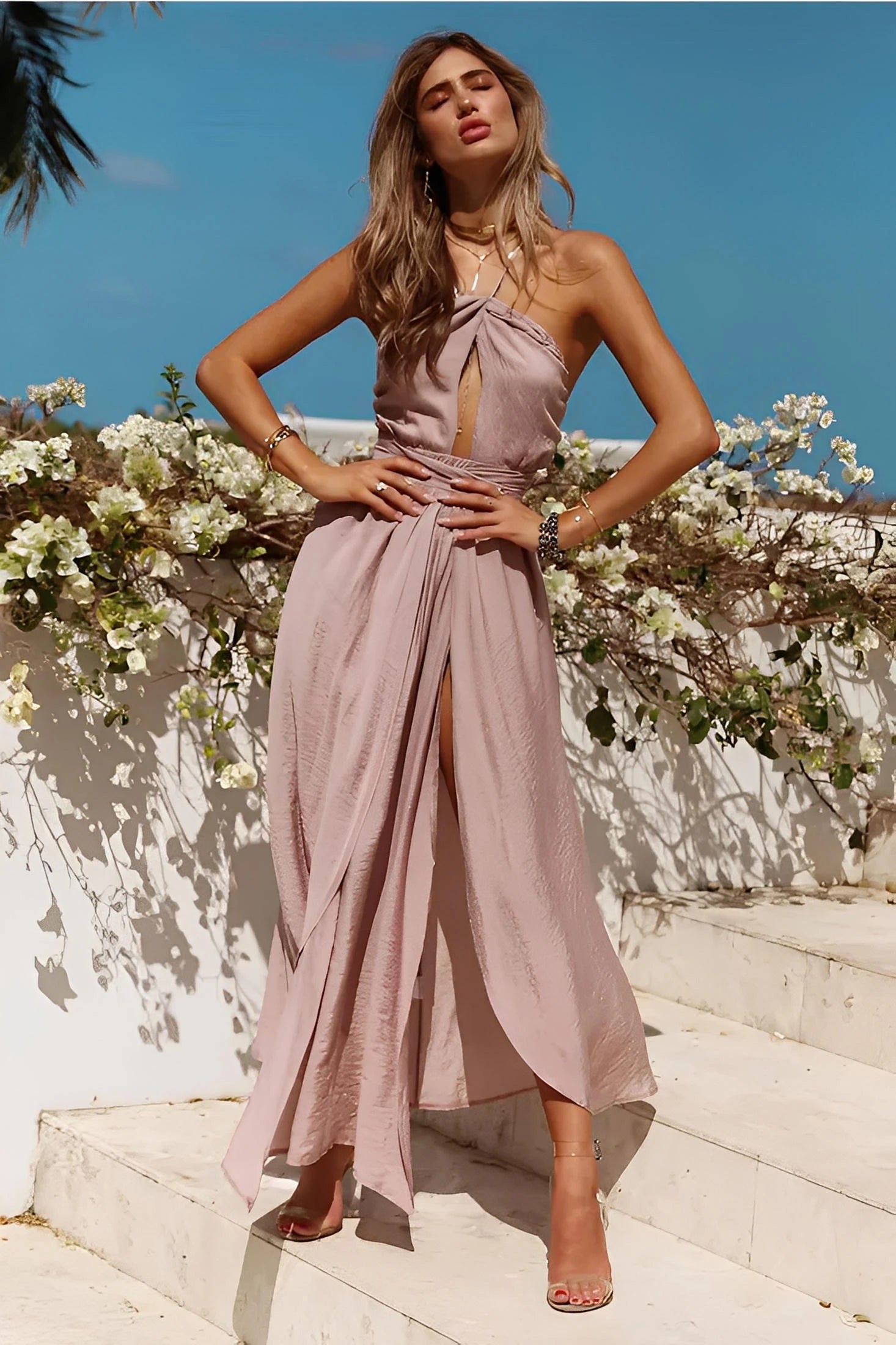 Rygfri Halter Hals Maxi Kjole med Slids