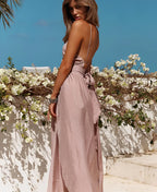 Rygfri Halter Hals Maxi Kjole med Slids