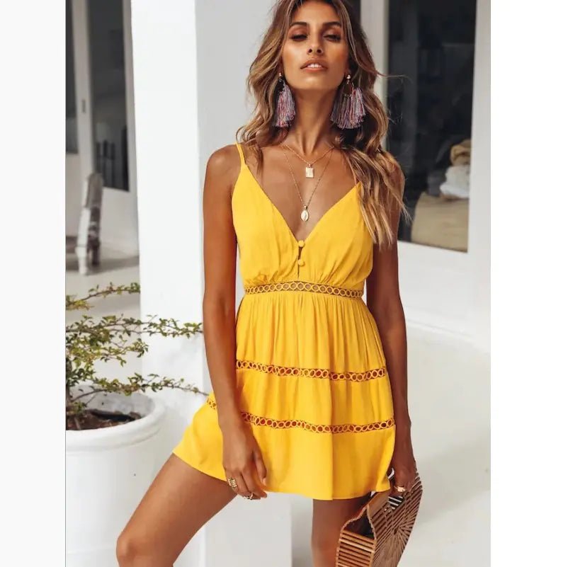 Summer Solid Color Spaghetti Strap Dress in Yellow - StilNord