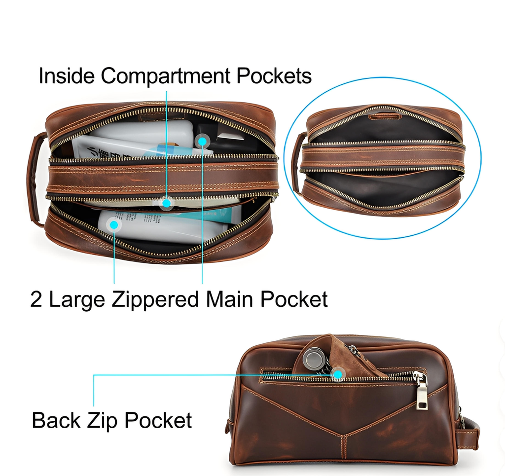 Toilettaske til mænd i ægte læder – vintage-stil