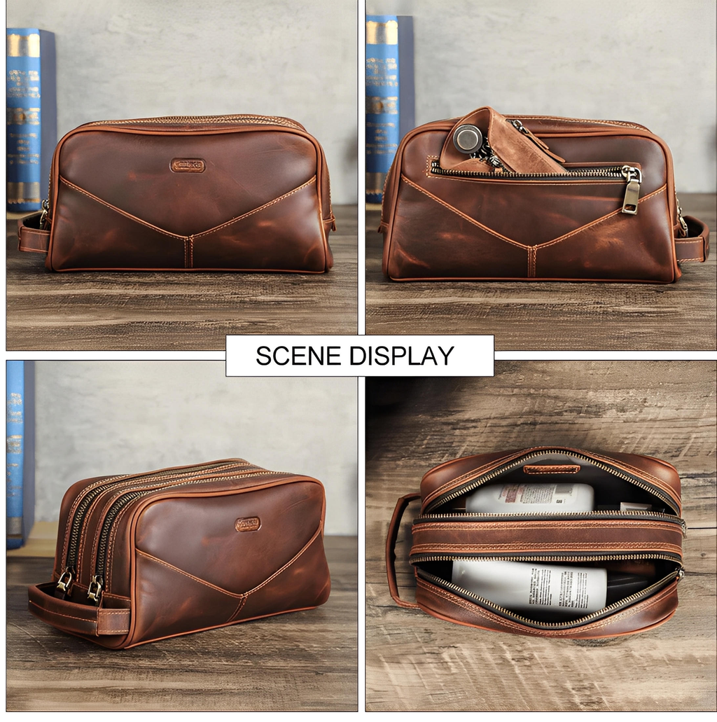 Toilettaske til mænd i ægte læder – vintage-stil