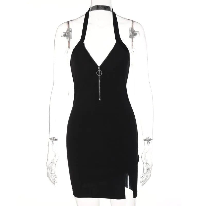V - neck Zipper Halter Backless Split Dress - StilNord