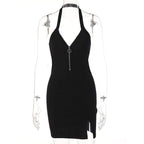 V - neck Zipper Halter Backless Split Dress - StilNord
