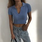 Women's Knitted Polo Collar Short Sleeve Tank Top - StilNord