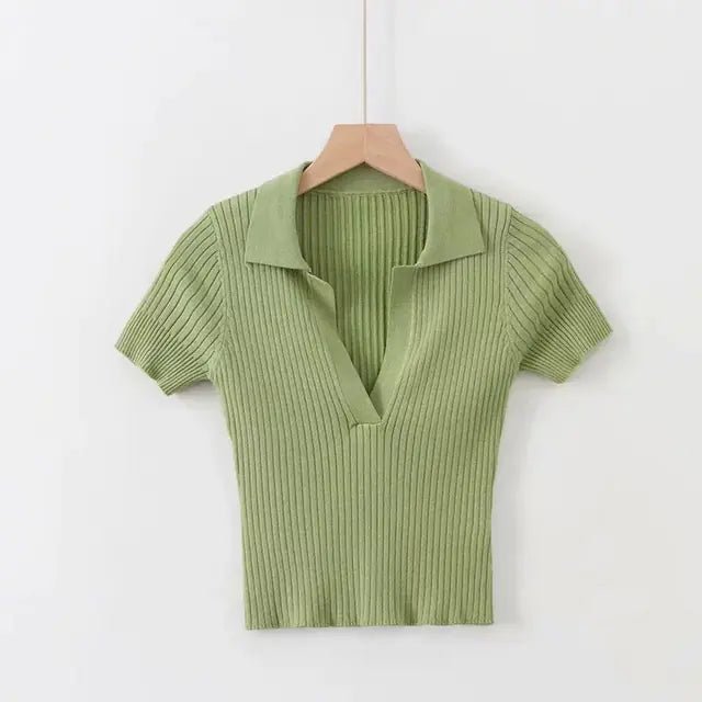 Women's Knitted Polo Collar Short Sleeve Tank Top - StilNord