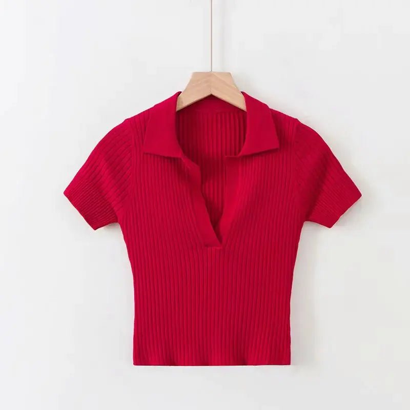 Women's Knitted Polo Collar Short Sleeve Tank Top - StilNord