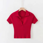 Women's Knitted Polo Collar Short Sleeve Tank Top - StilNord