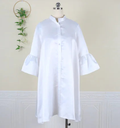 New Autumn European Style Long Shirt Dress with Bell Sleeves