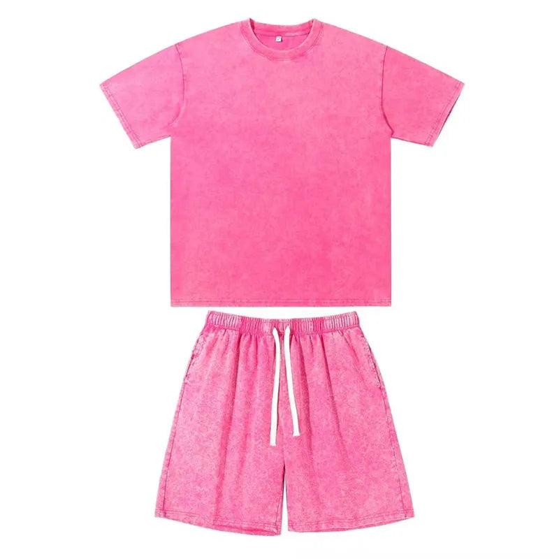 Acid Washed Round Neck T-Shirt Set