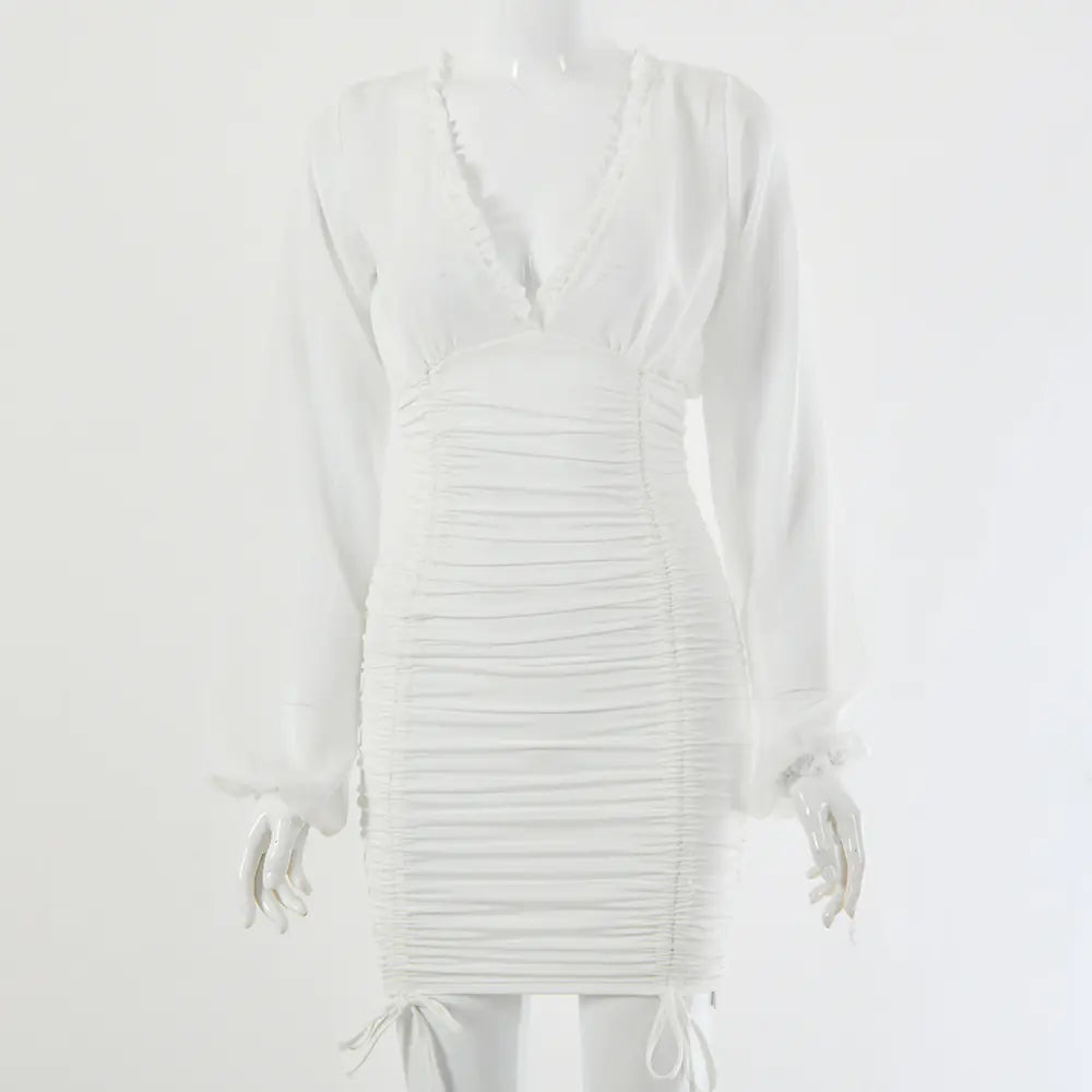 Long Sleeve Backless Pleated Dress with Ruffle Hem